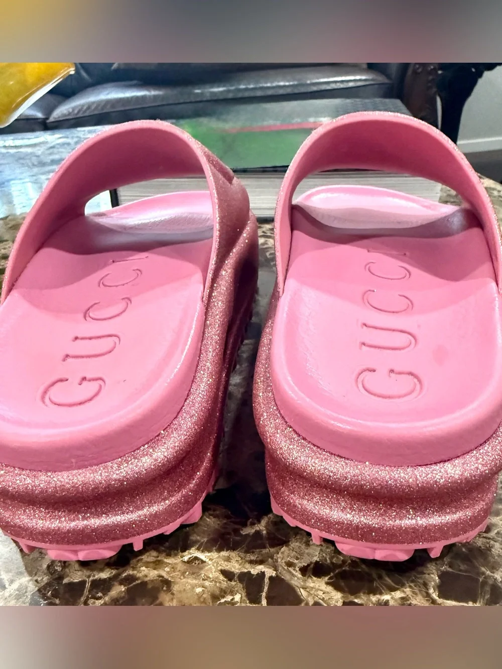 Gucci Pink Glitter GG Platform Slides Sandals I 36 Authentic